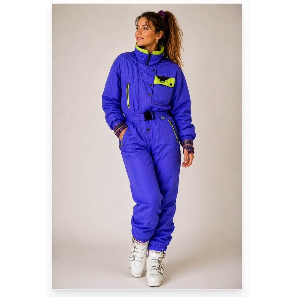 Vintage Mountain Goat Ski Suit Womens 10 Purple Neon One Piece Snowsuit 90s